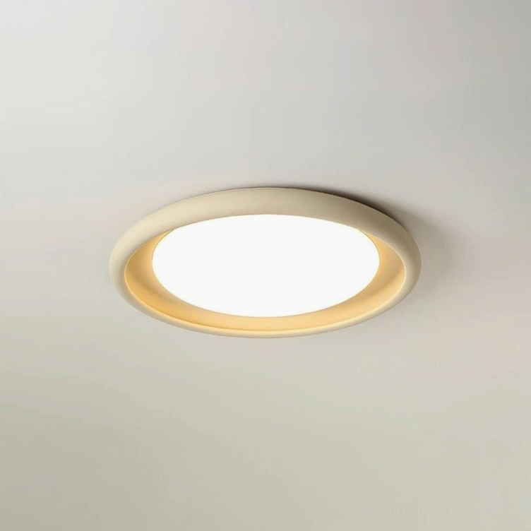 Yellow modern ceiling light fixture, low-angle overhead close-up view in minimalist interior design