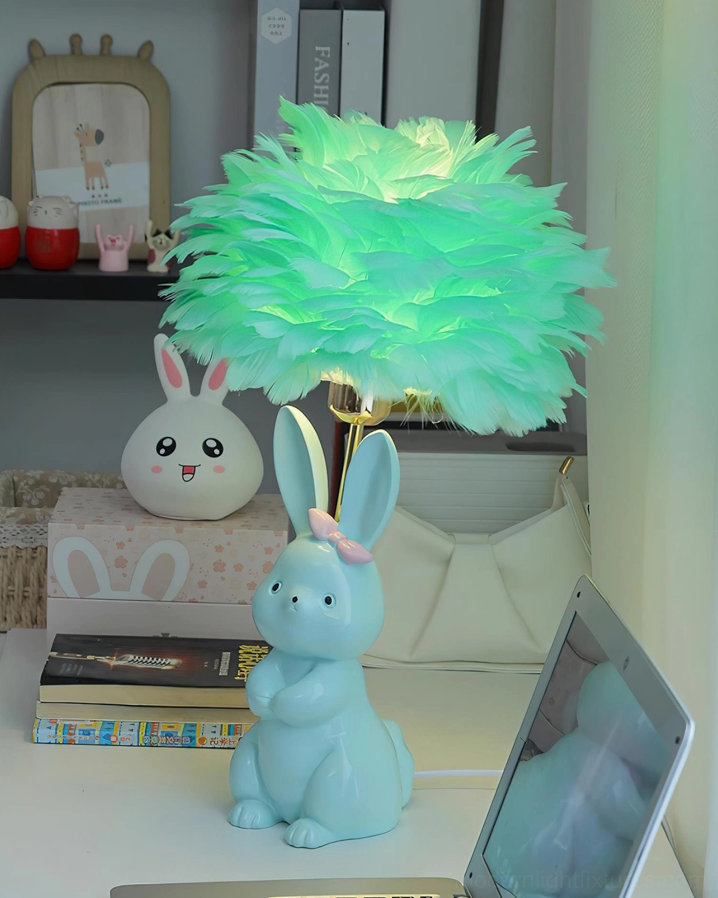 Decorative ceramic bunny lamp with soft feather shade - nursery and kids room lighting solution
