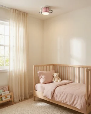 Kids bedroom with ceramic mug ceiling light installed above wooden crib, warm nursery ambiance