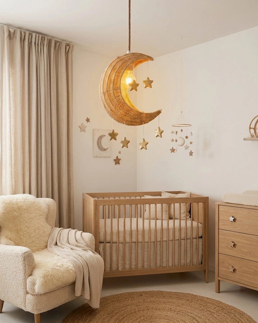 Handwoven rattan moon star pendant light in baby nursery - soft glow over crib matching boho baby room
