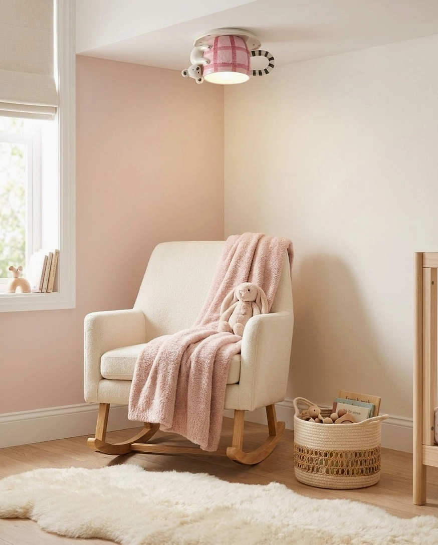 Cozy nursery rocking area with mug ceiling fixture, fluffy rug and woven storage basket