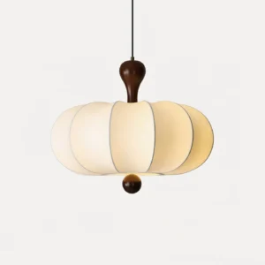 Nutria beige fabric pendant lamp with dark wood top and bottom accents
