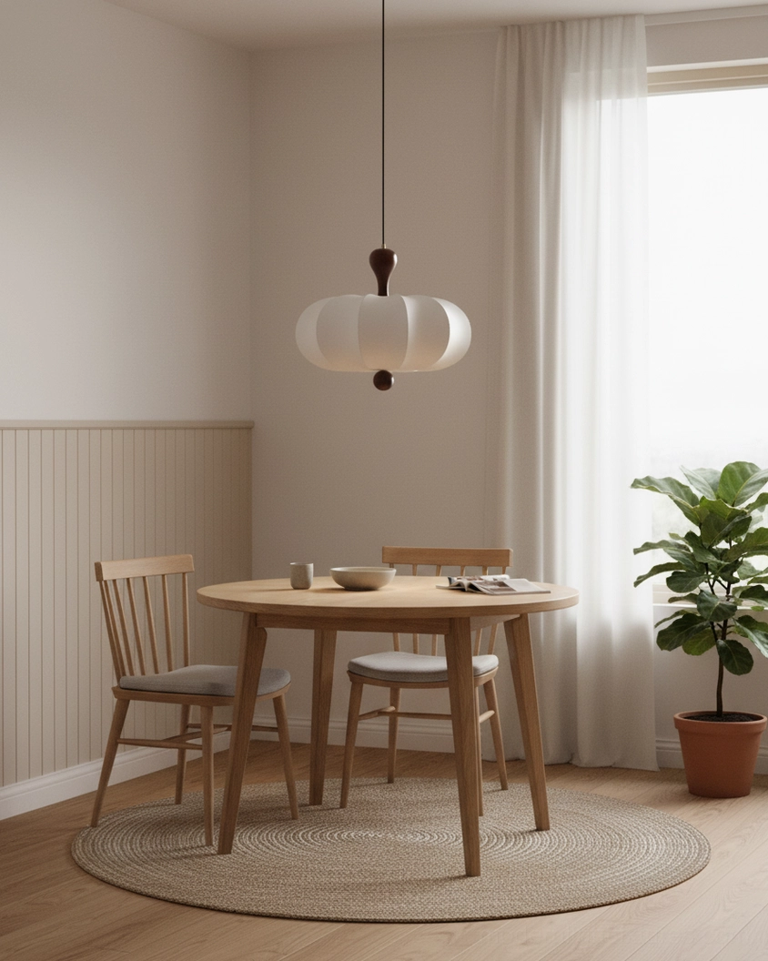 Nutria sculptural fabric pendant light in warm home dining corner