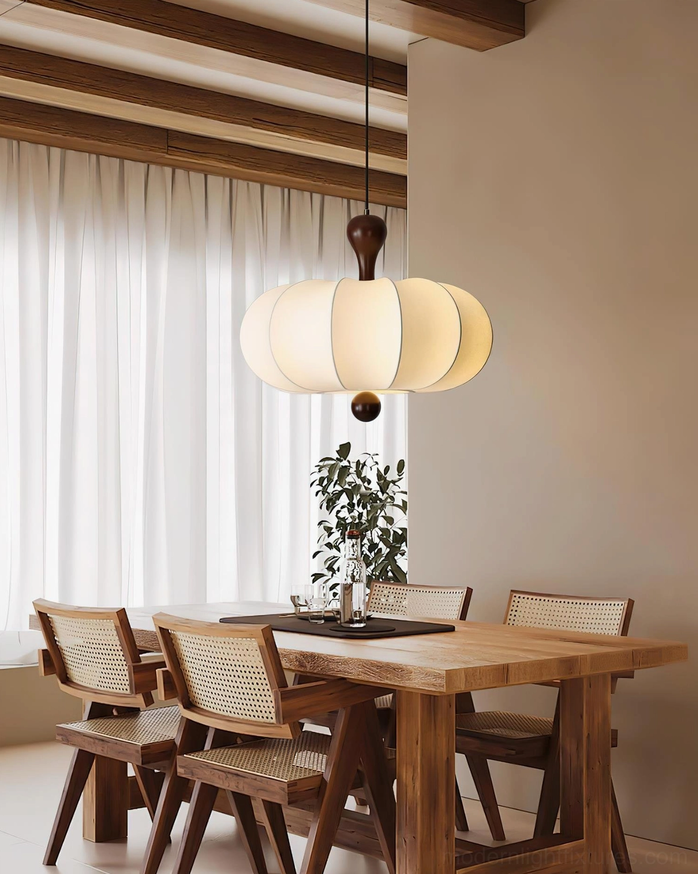 Nutria beige pendant lamp in cozy japandi dining area with wooden furniture