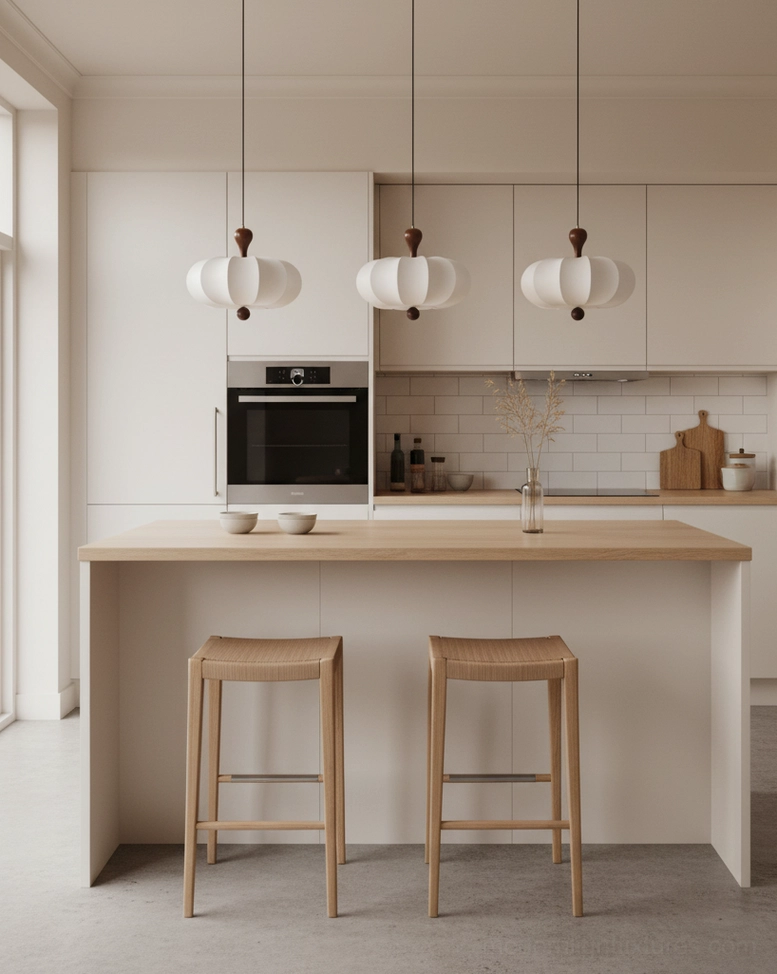 Nutria ribbed fabric pendant light with wood accents detail view