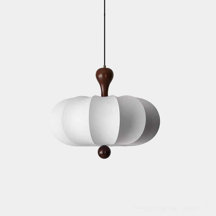 Nutria white fabric pendant light with walnut wood accents - close-up front view