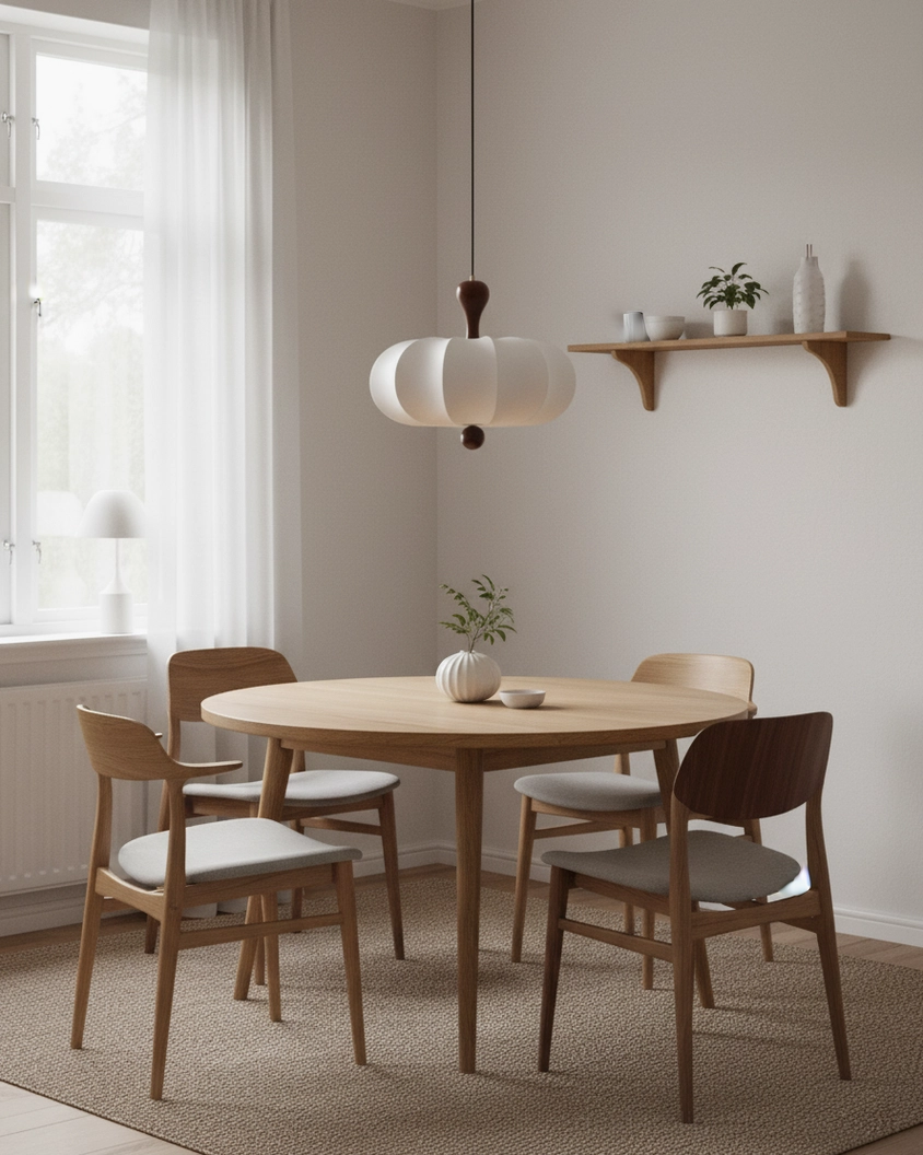 Nutria white pendant lamp in modern minimalist dining space with neutral decor