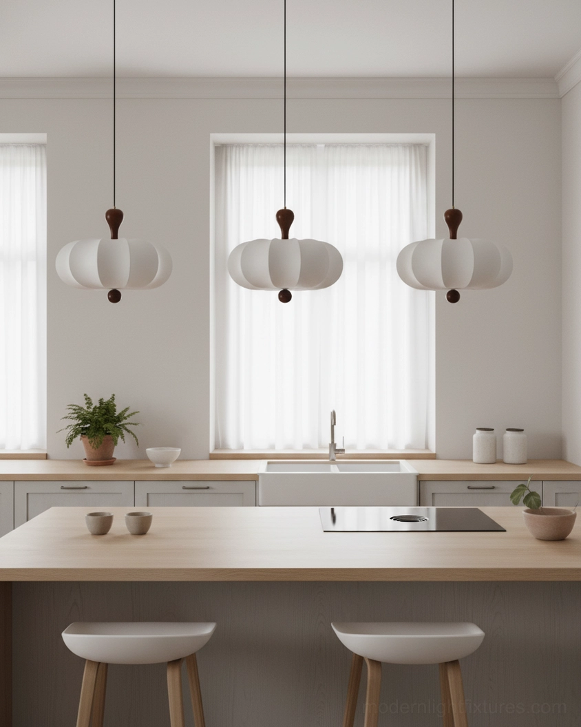 Nutria pendant lamp showing walnut wood top finial and fabric connection