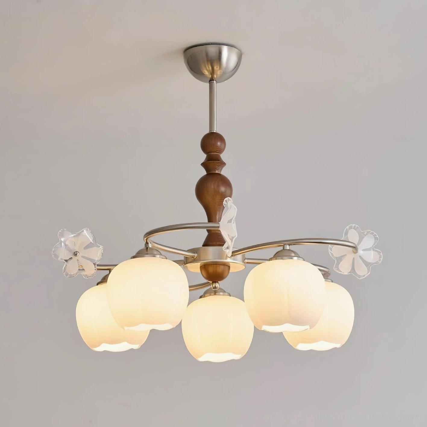 5-head Nuvafleur chandelier W 60cm H 60cm in Nickel and Walnut for medium-sized rooms