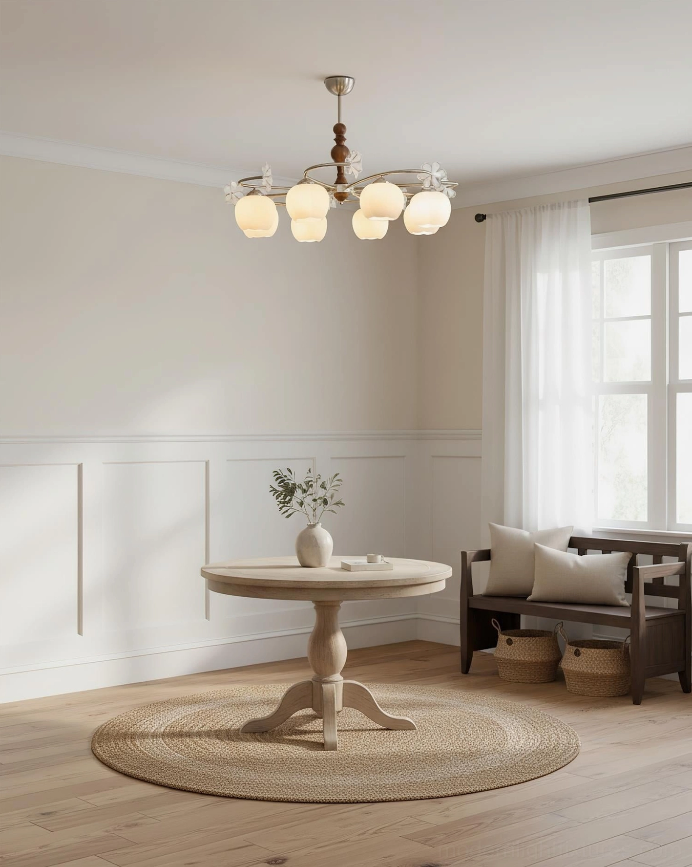 Compact 5-head Nuvafleur chandelier in cozy sitting nook with frosted glass shades creating soft ambient light