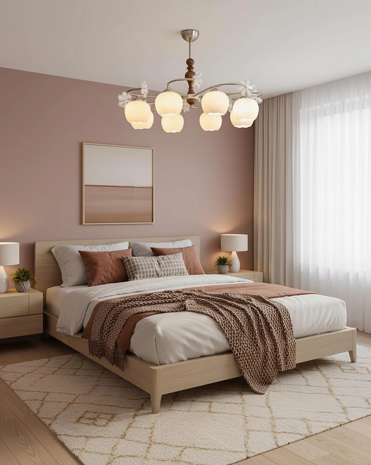 5-head Nuvafleur chandelier in modern kitchen island setting with warm ambient lighting