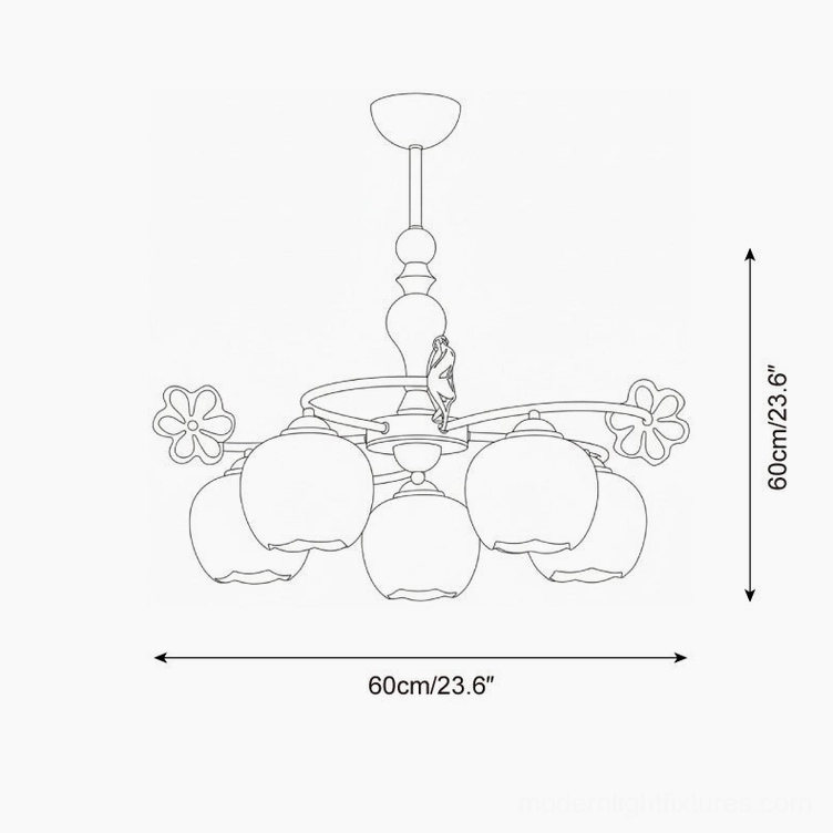 Nuvafleur 60cm botanical chandelier technical schematic showing dimensions, globe shades, and floral accent details