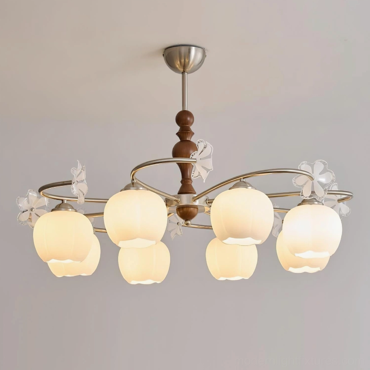 8-head Nuvafleur chandelier W 90cm H 60cm in Nickel and Walnut color finish for large dining spaces