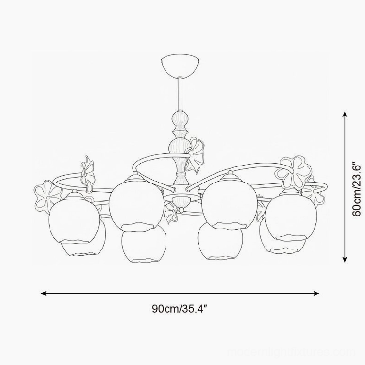 Extended 90cm Nuvafleur chandelier technical drawing with 8 lamp arms and botanical glass sphere shades