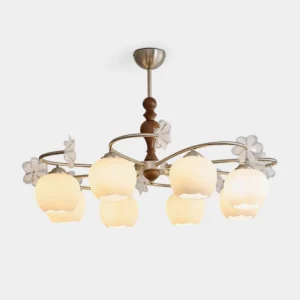 Nuvafleur botanical glass chandelier with frosted tulip-shaped shades, brushed brass frame, and decorative wood details, front studio view