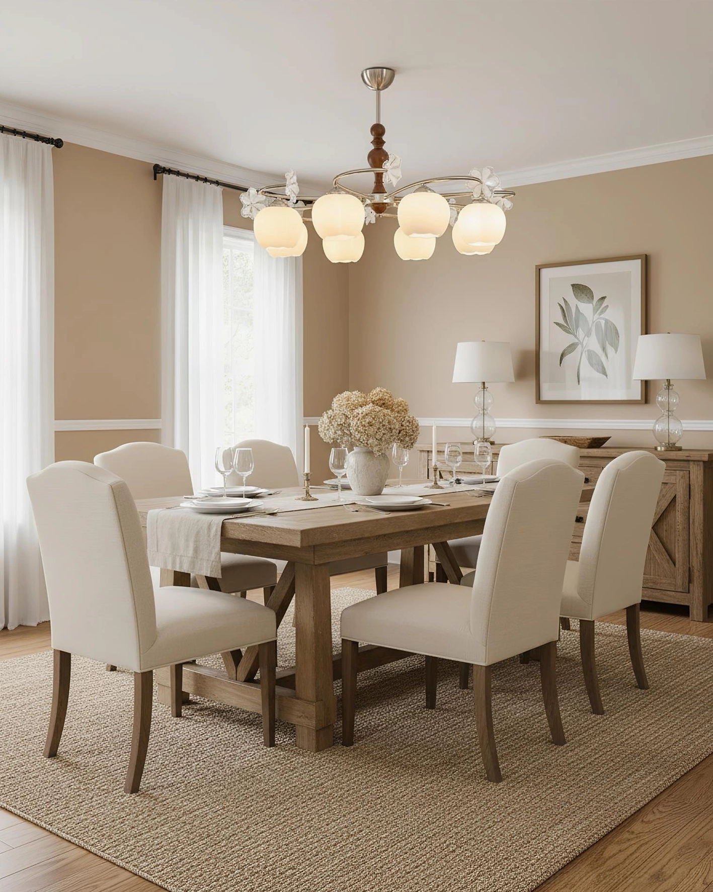 Nuvafleur mid-century modern pendant chandelier detail view showing brushed brass frame and botanical glass accents