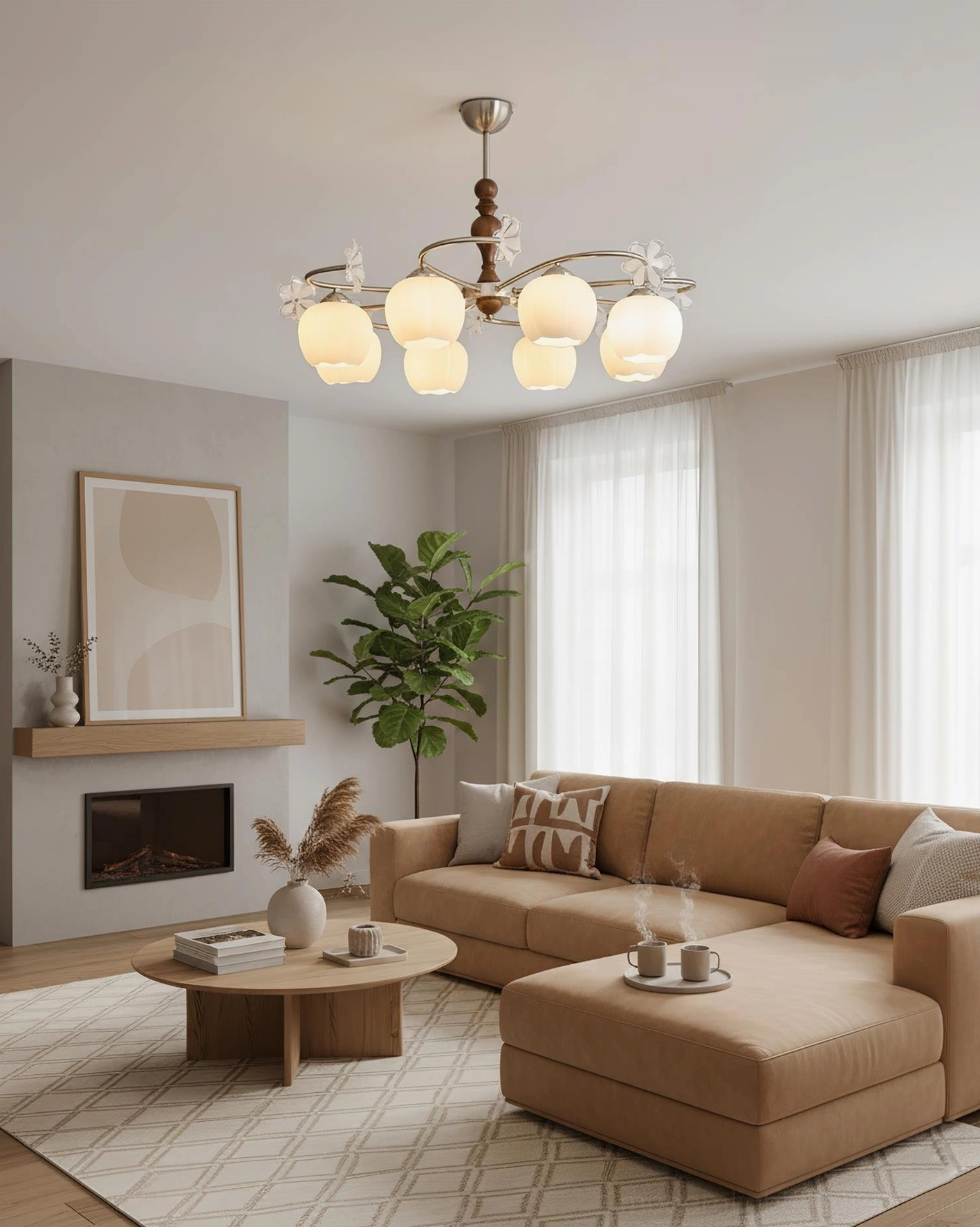 Nuvafleur botanical chandelier color variant in Nickel and Walnut showing material finish options