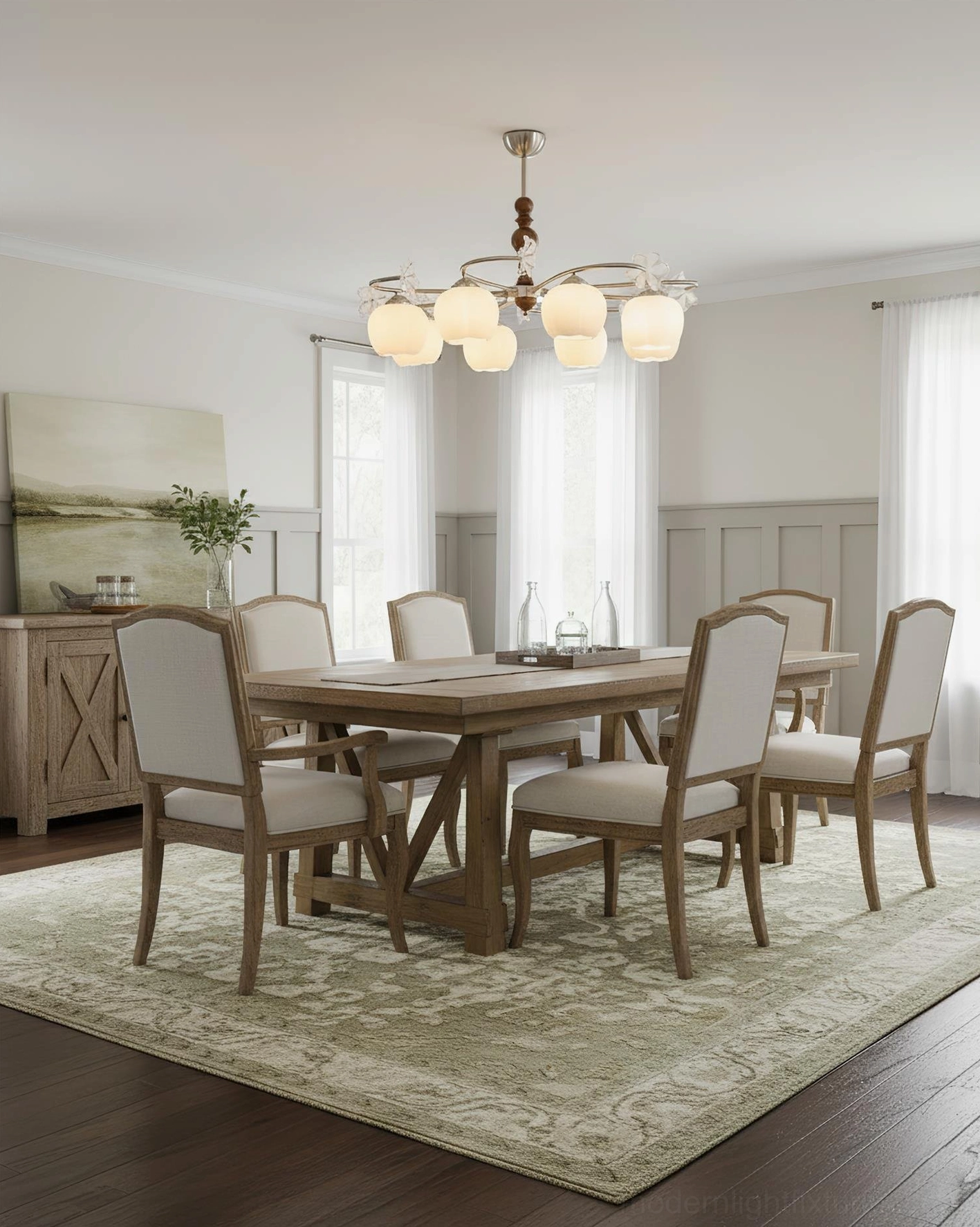 Rustic modern farmhouse dining area with Nuvafleur chandelier, earthy neutral tones and matching furniture set