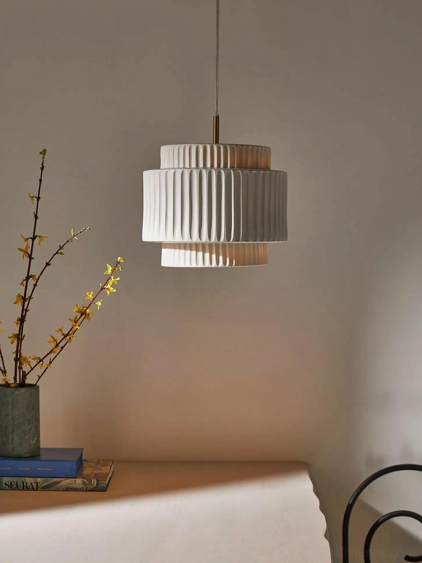 Nyla pendant light bohemian living room, woven textiles plants earth tone coordination
