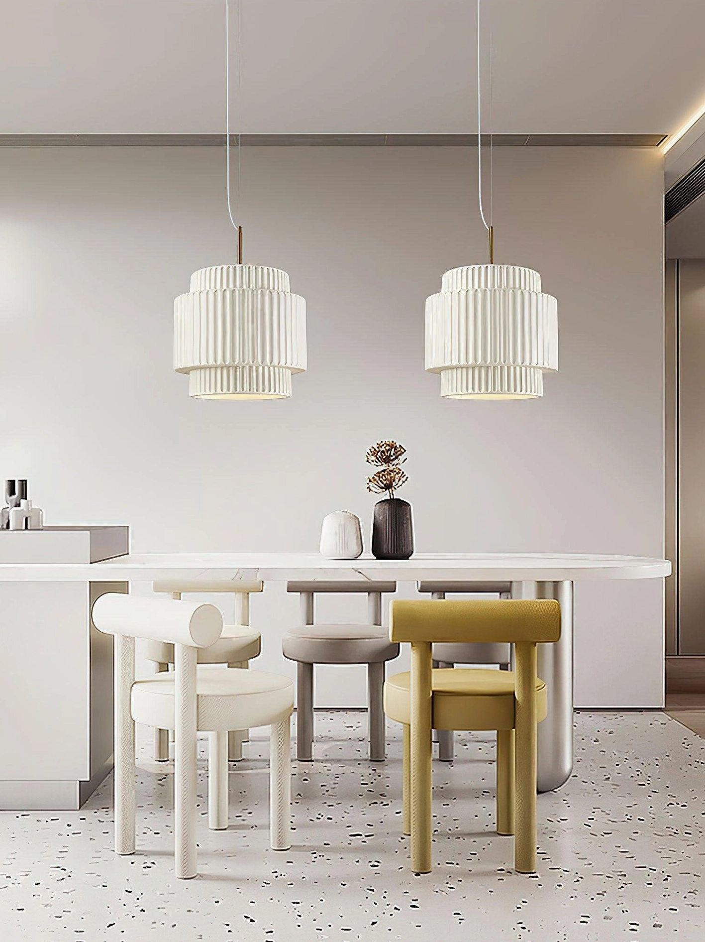 Nyla pendant light Scandinavian interior design, contemporary minimalist bedroom setting