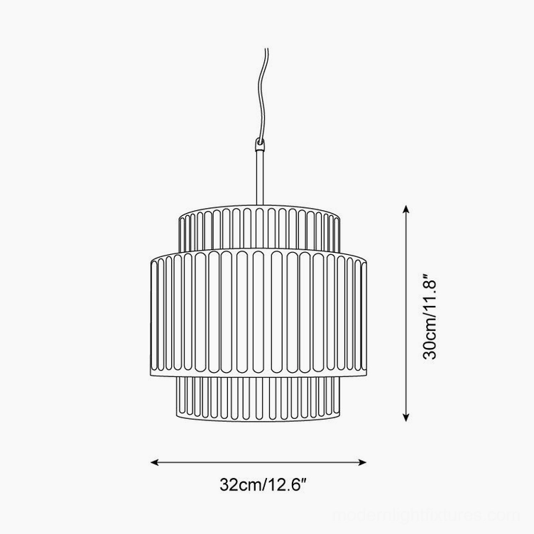 Nyla pendant light technical specification drawing, orthographic dimensions, 32cm diameter 30cm height wireframe