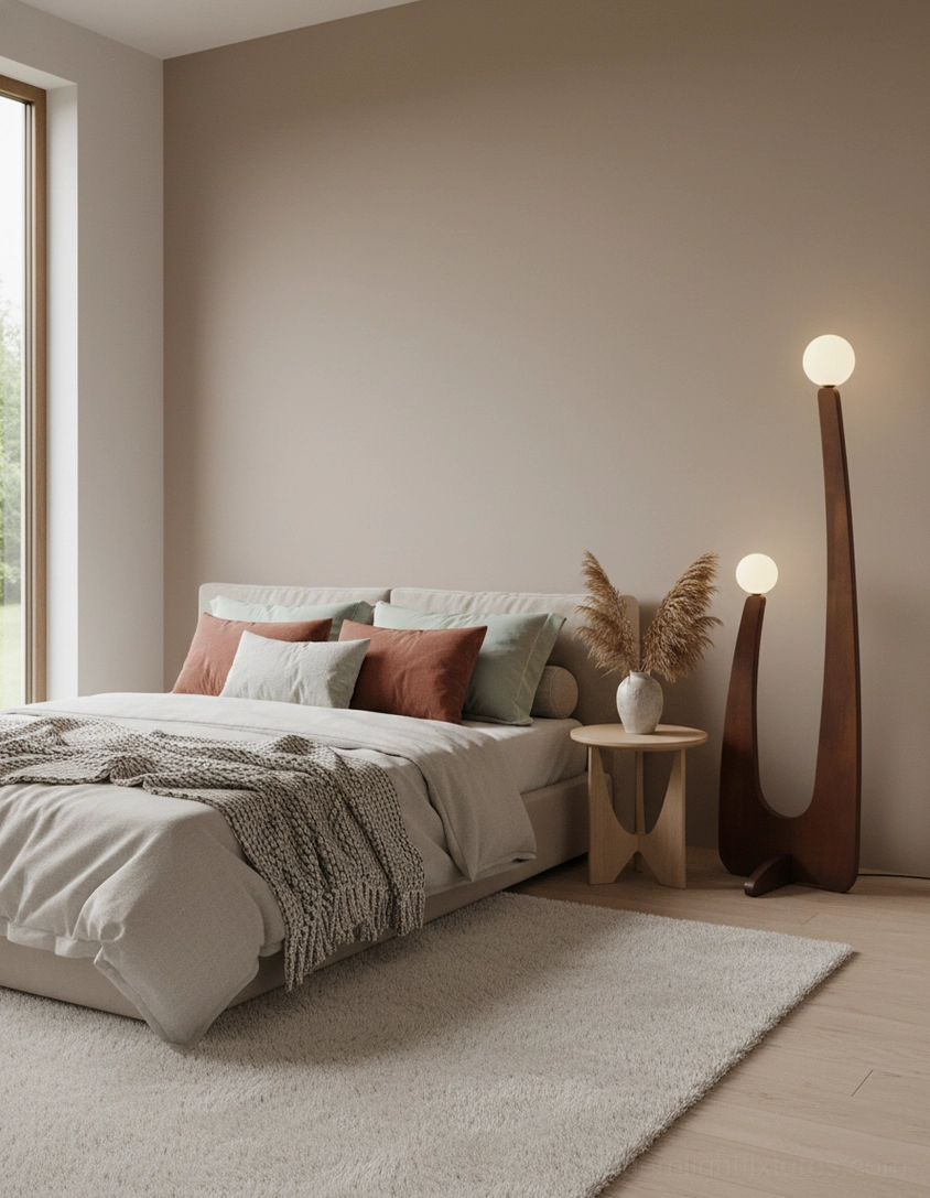 Close-up detail of solid oak base with natural wood grain and frosted glass globe of mid-century floor lamp