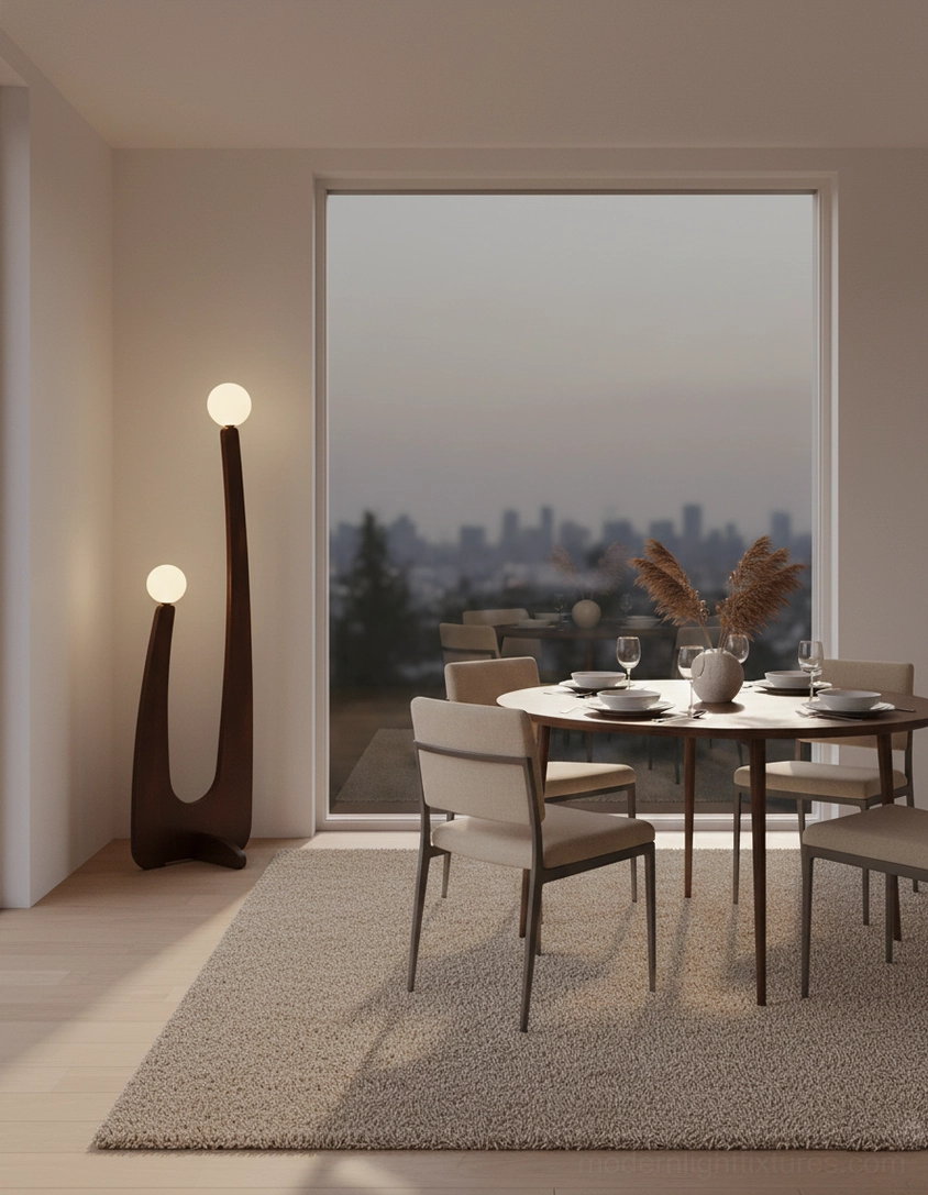 Two frosted glass globe floor lamps illuminating modern dining room with floor-to-ceiling city view