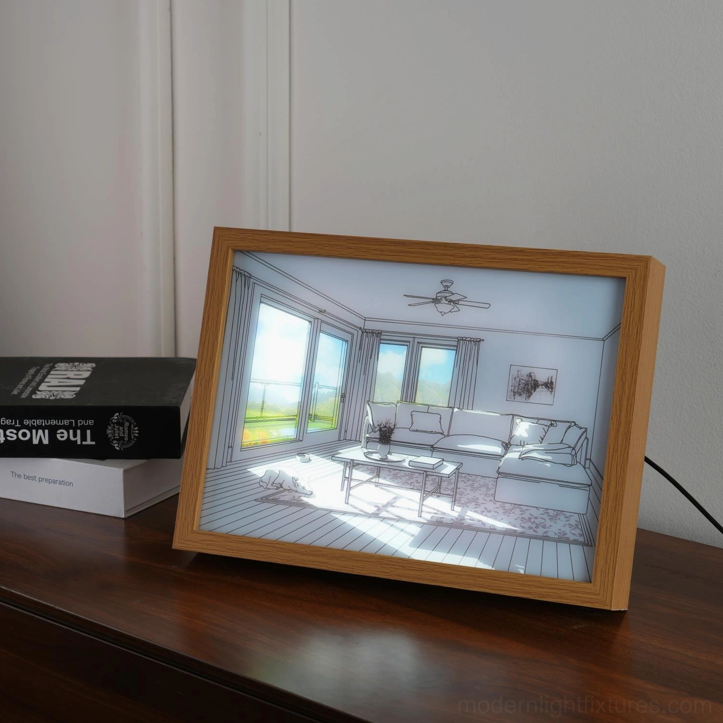 LED art light with premium oak wood frame and acrylic artwork clarity