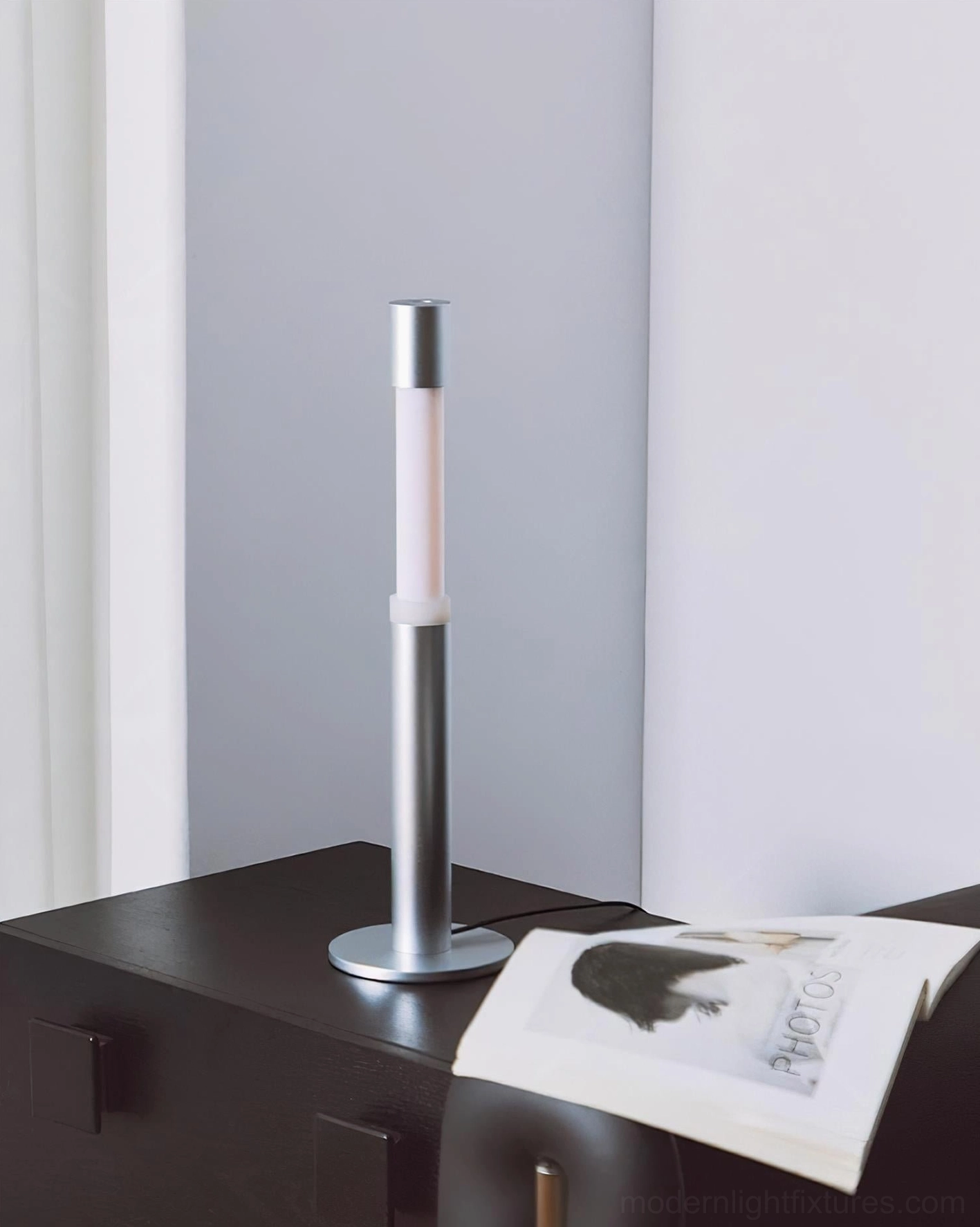 Obelisk modern table lamp white LED light strip matte silver body minimalist contemporary interior