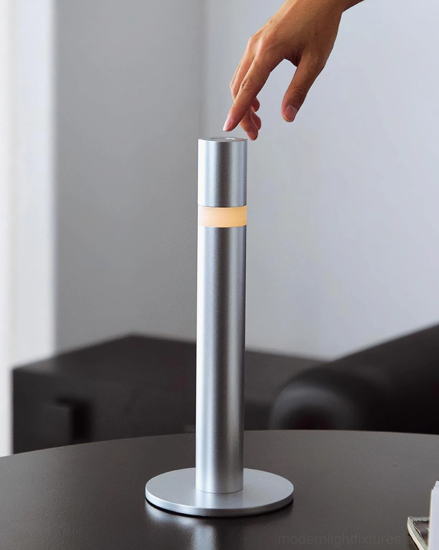 Obelisk modern table lamp unlit matte silver aluminum dark side table with power switch accessible