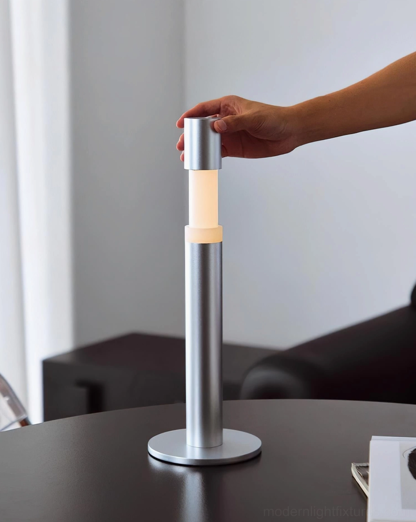 Obelisk modern table lamp satin silver top cap adjustment hand-operated contemporary design