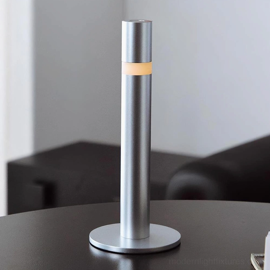 Obelisk modern table lamp with warm LED accent strip on living room side table contemporary interior