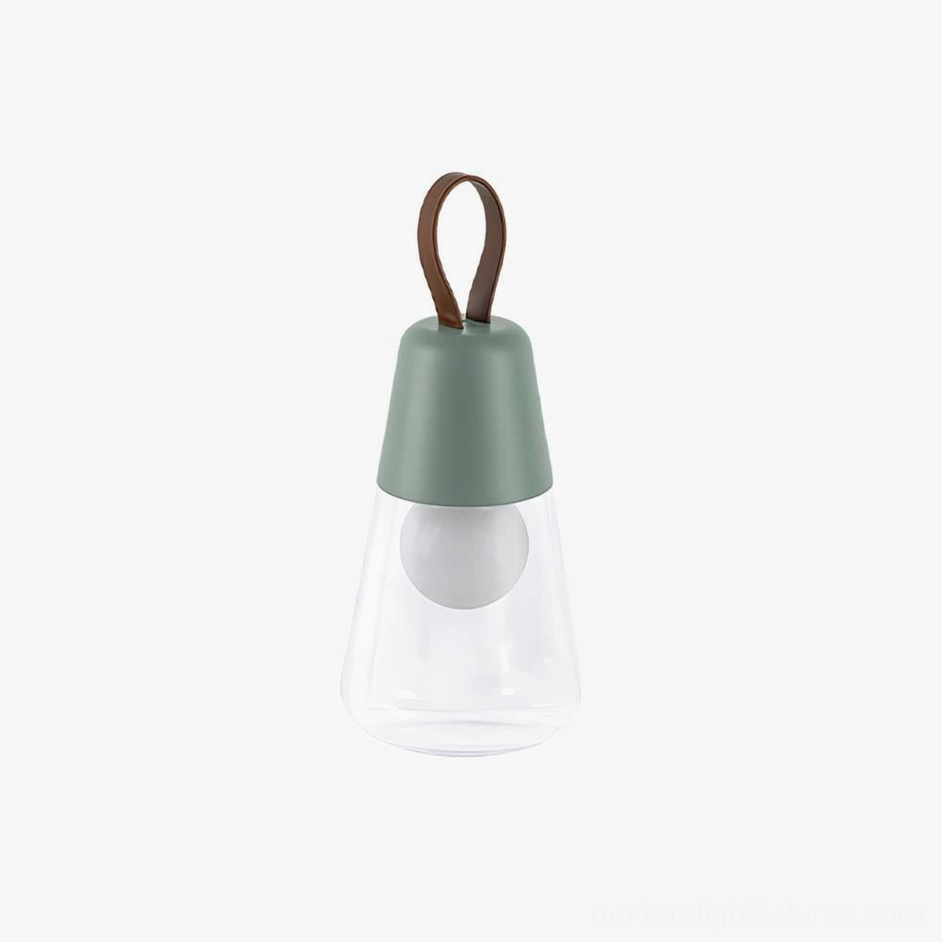 Green Oceana portable table lamp front view with brown leather handle, contemporary minimalist design