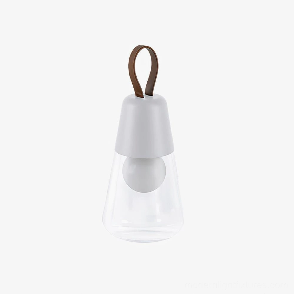 White Oceana portable table lamp front view with brown leather carry strap, minimalist modern style unlit