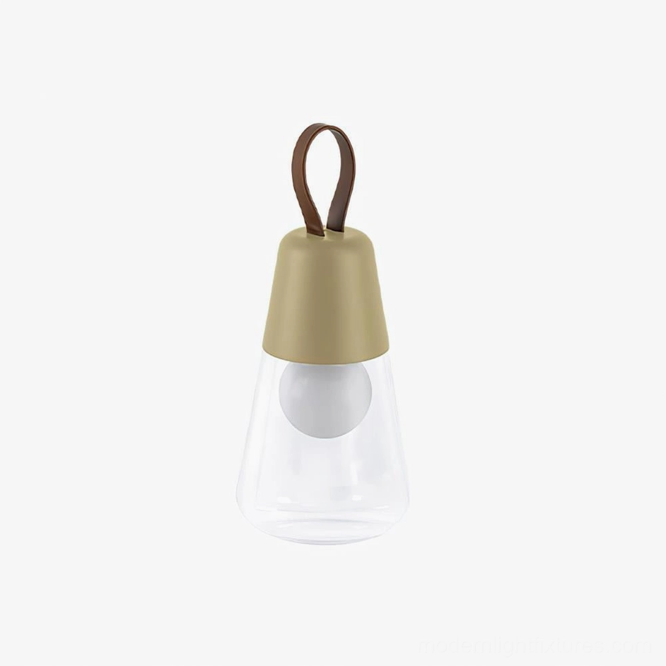 Yellow Oceana portable table lamp with leather strap, bright matte yellow cap on transparent glass base