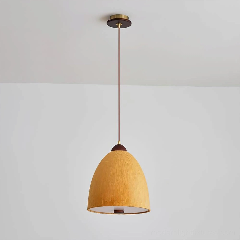 Ochre yellow Doria Model C pendant light, tall architectural fixture 30cm x 40cm vertical proportions