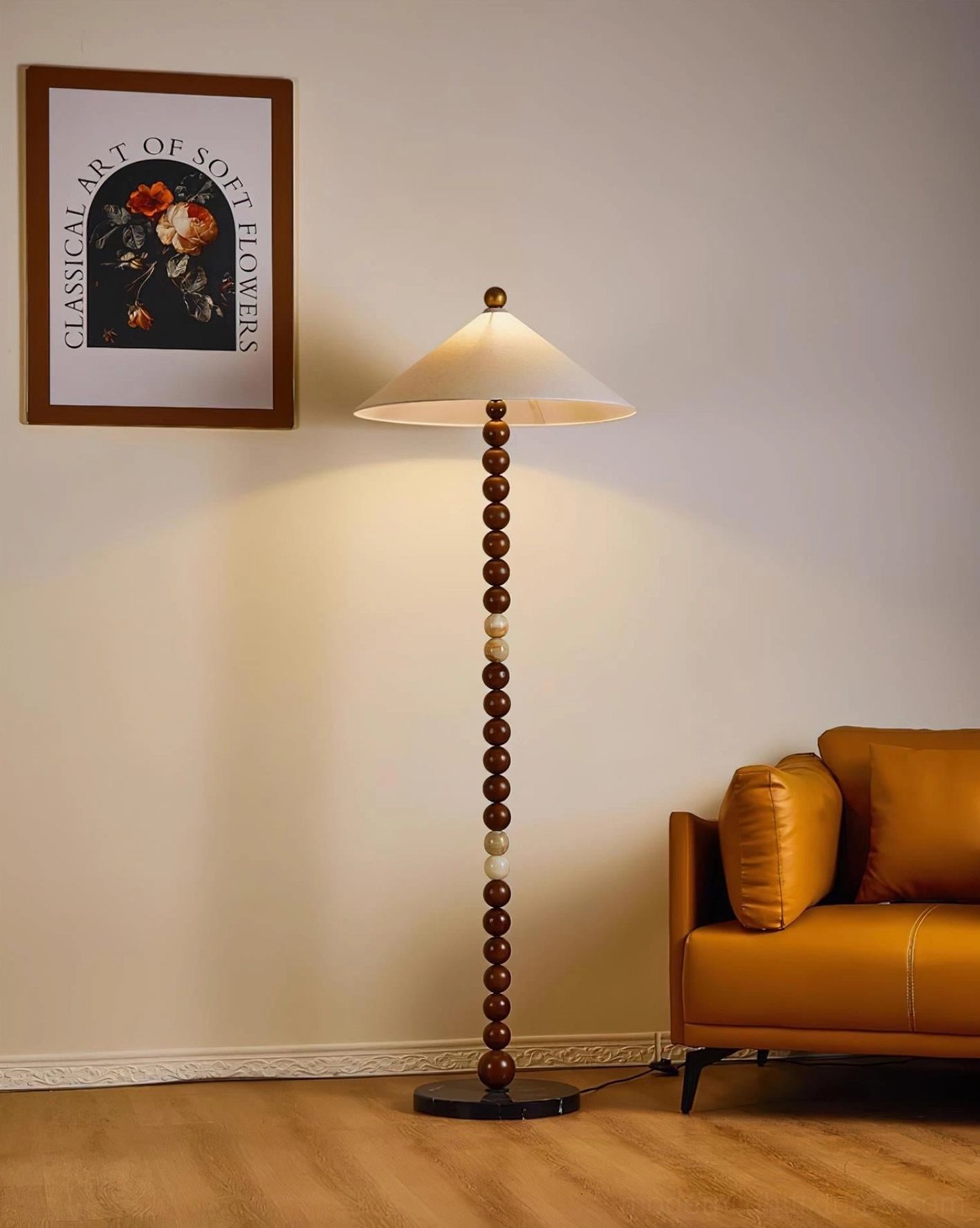 Octavia floor lamp illuminated creating warm glow in contemporary living room with modern décor