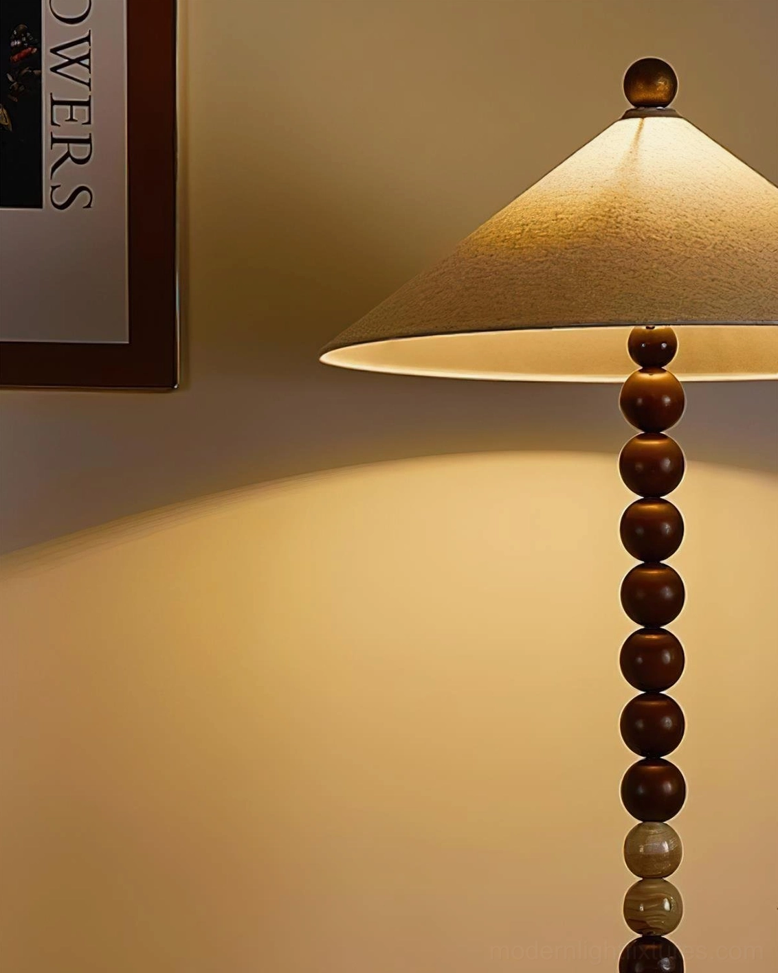 Close-up view of Octavia floor lamp walnut wood and marble stacked beads with illuminated shade detail