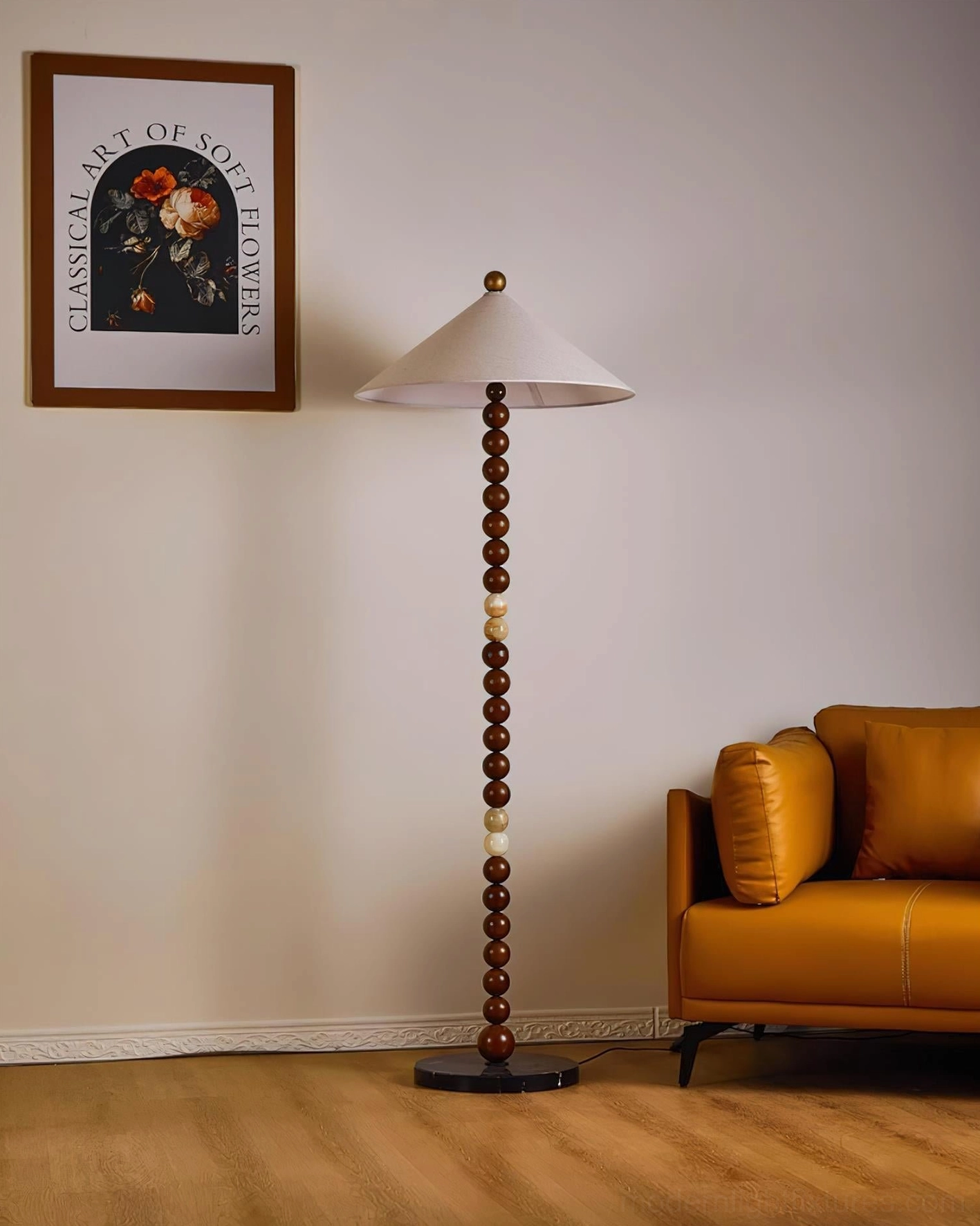 Side three-quarter view of Octavia sculptural floor lamp in modern living room setting