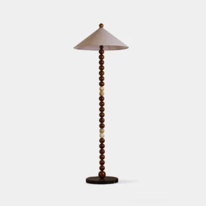Octavia sculptural floor lamp with walnut wood and marble beads, front full view studio shot