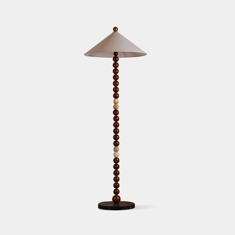 Octavia sculptural floor lamp with walnut wood and marble beads, front full view studio shot