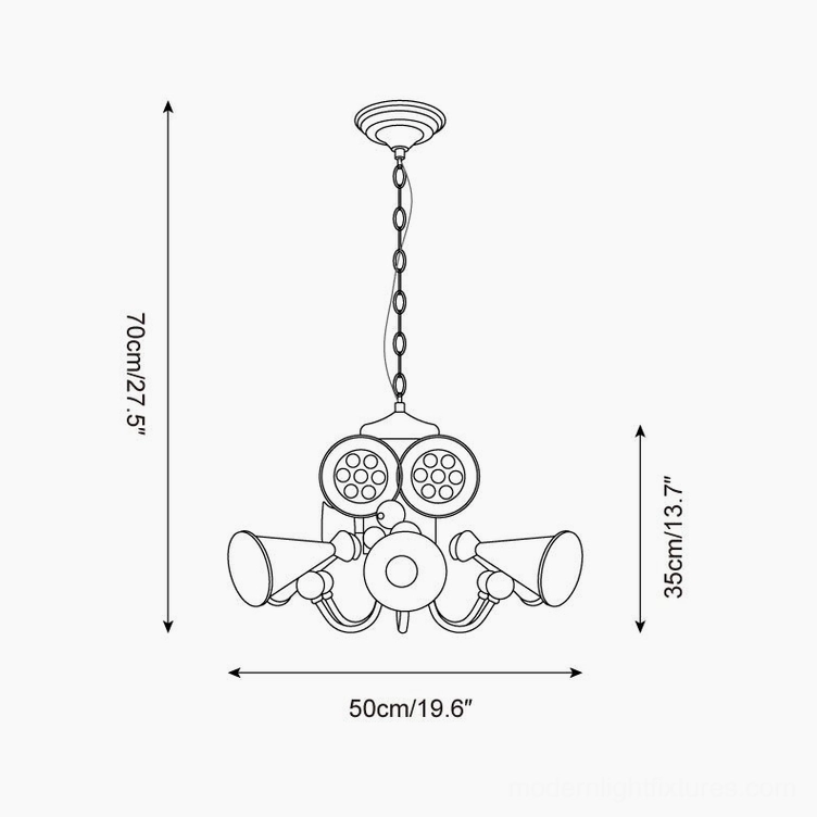 Technical orthographic schematic drawing of octopus director chandelier showing dimensions and structure