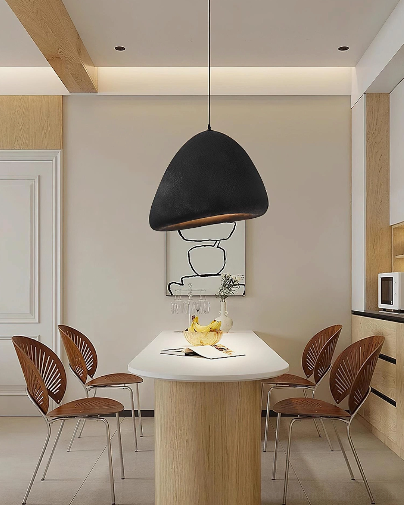 Odilia black textured pendant light open kitchen dining space wooden table