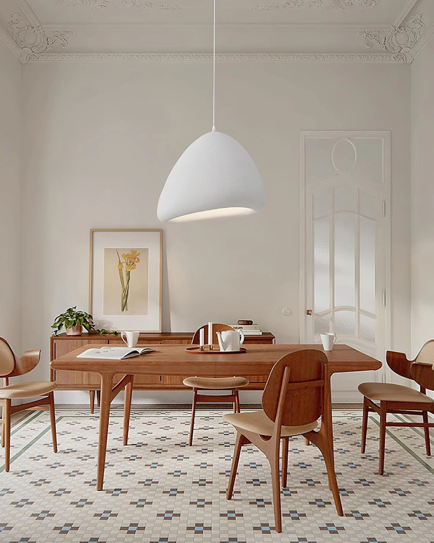 Odilia white dome pendant light classic vintage dining room wooden table