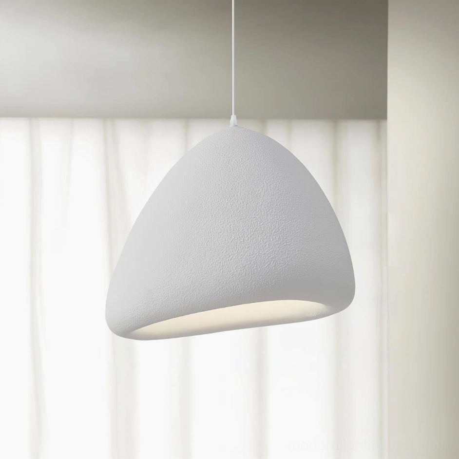 Odilia white textured matte pendant lamp front close-up sheer curtain background