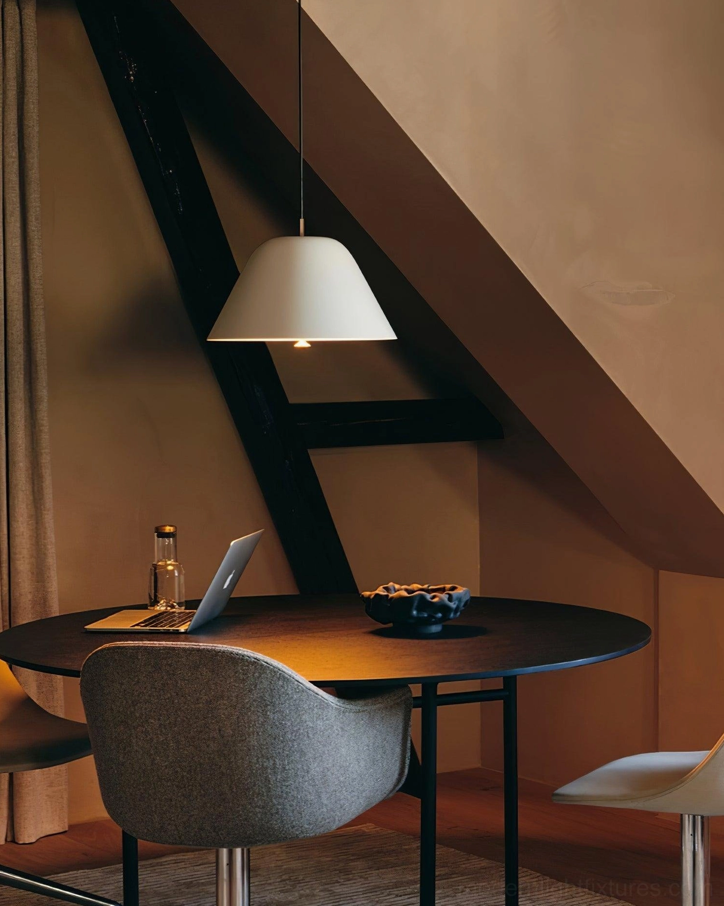 Off-white dome pendant light low angle view over rustic minimalist modern dining table attic nook