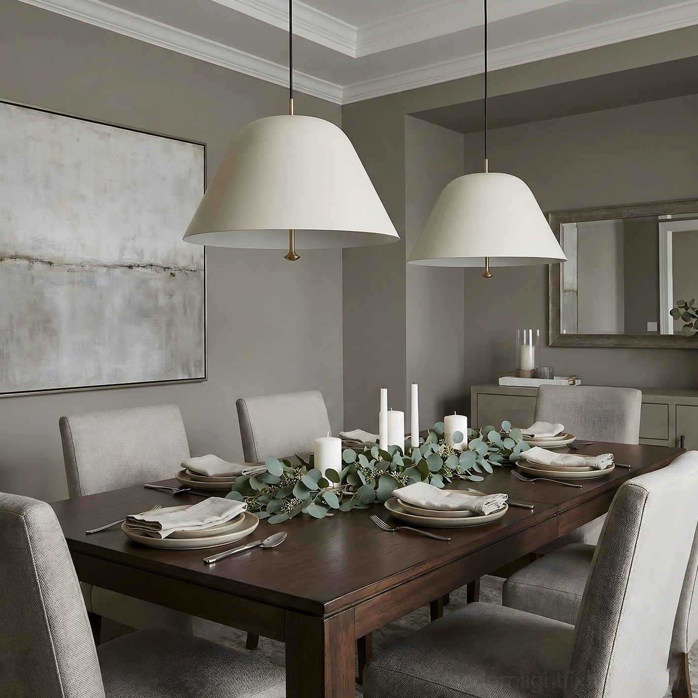 Two off-white dome pendant lights eye-level view elegant formal dining room with table settings