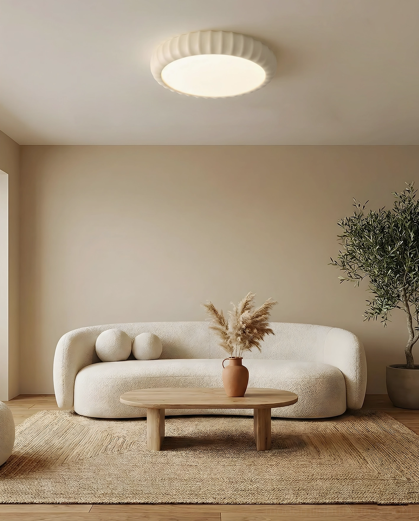 Off-white fluted ceiling light in modern minimalist living room - warm ambient lighting