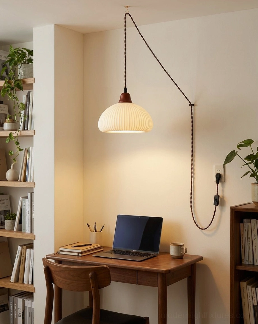 Plug-in pendant light above wooden desk in home office workspace with laptop and bookshelf