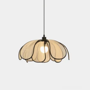 Okai petal pendant light with beige abaca shade and black metal frame, front low-angle studio view